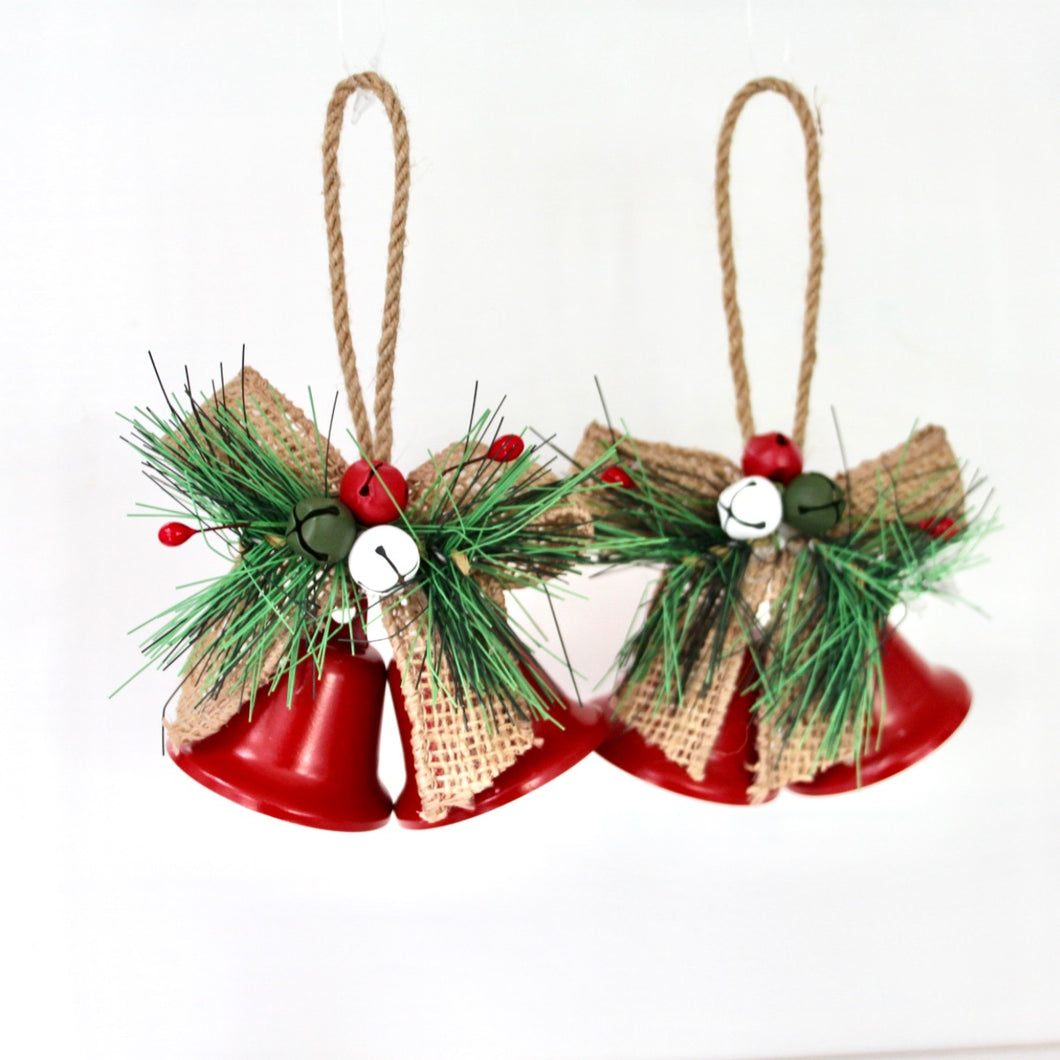 Red Tin Bells with Hessian Bows Set