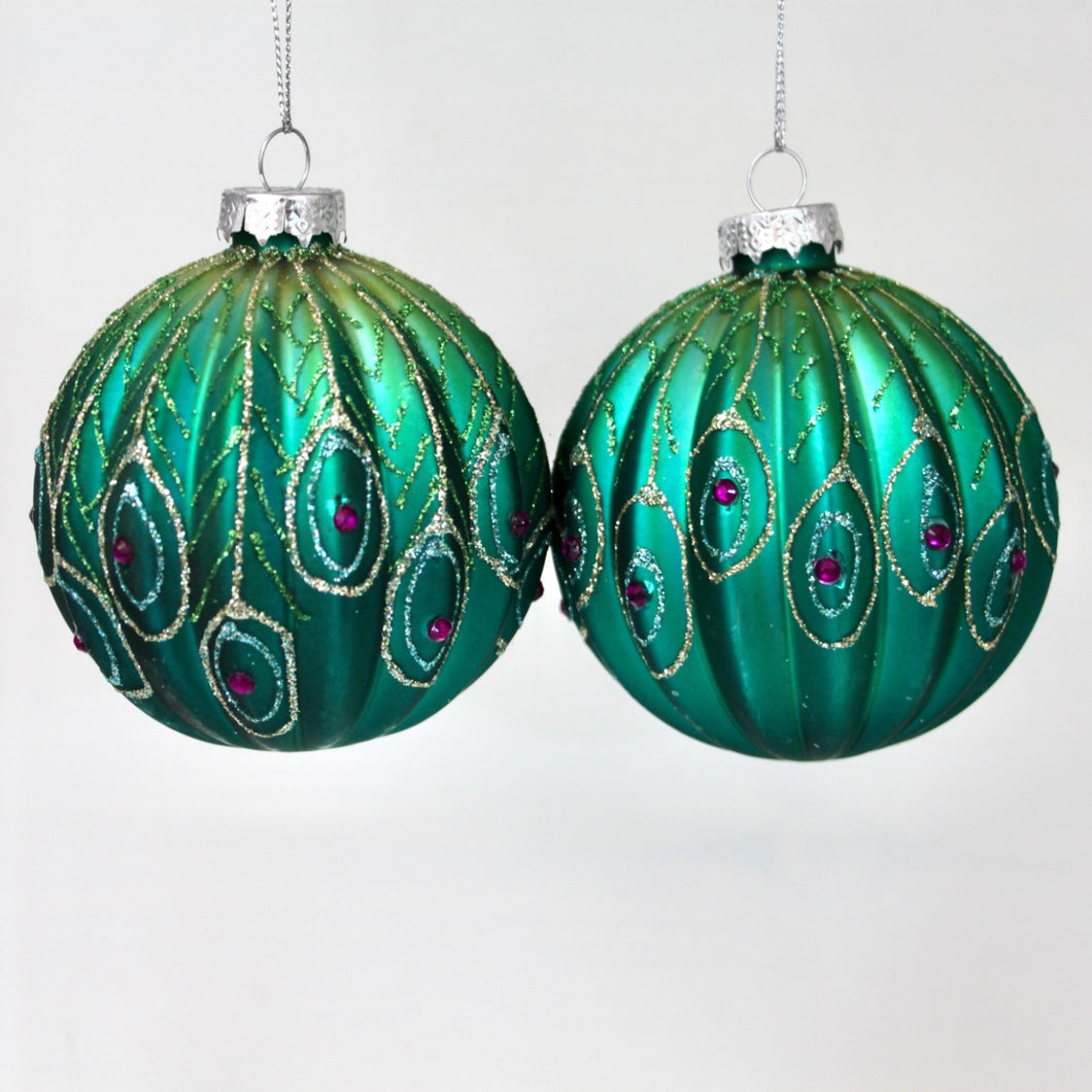 Ribbed Peacock Glass Bauble Set