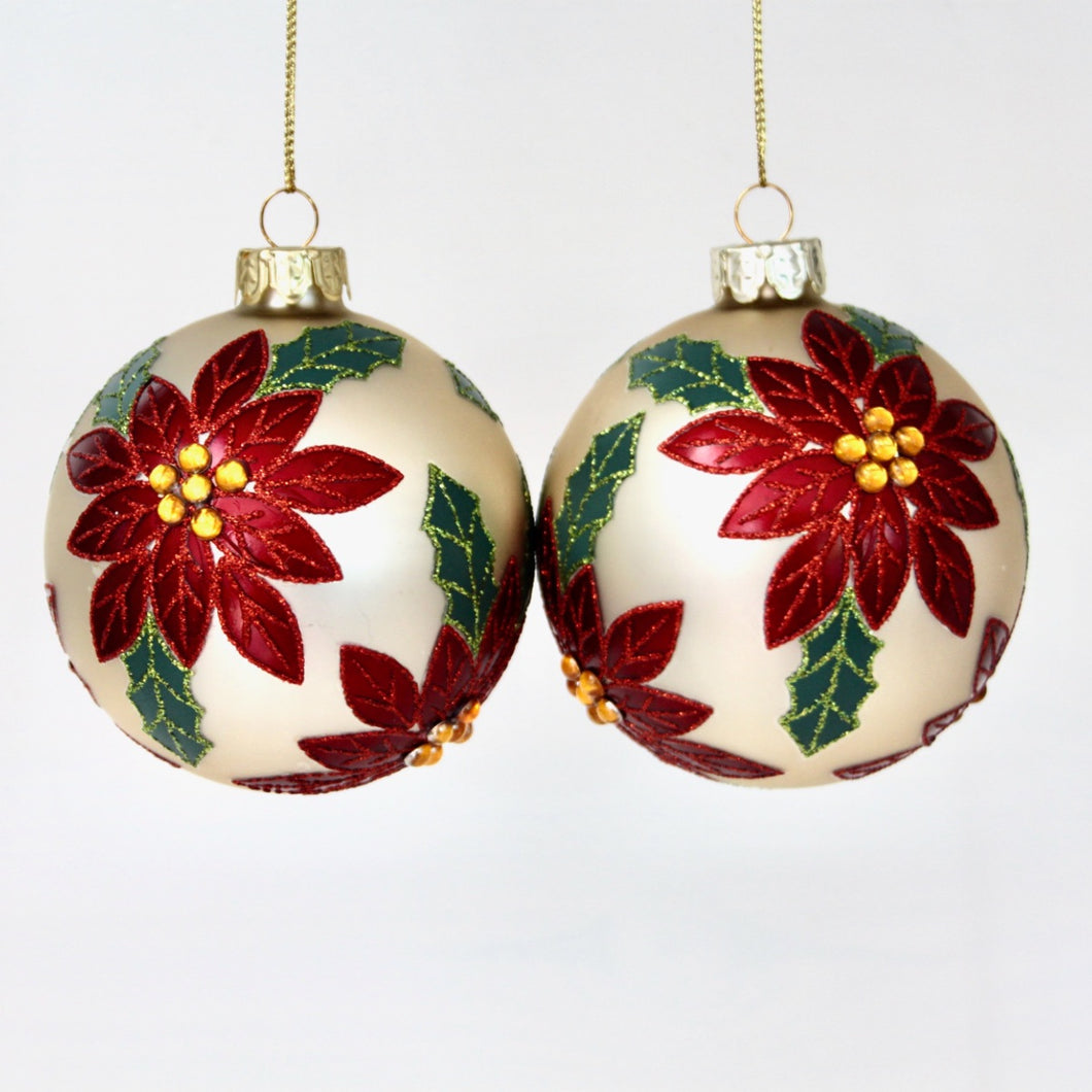 Matt Glass Baubles with Red Poinsettia
