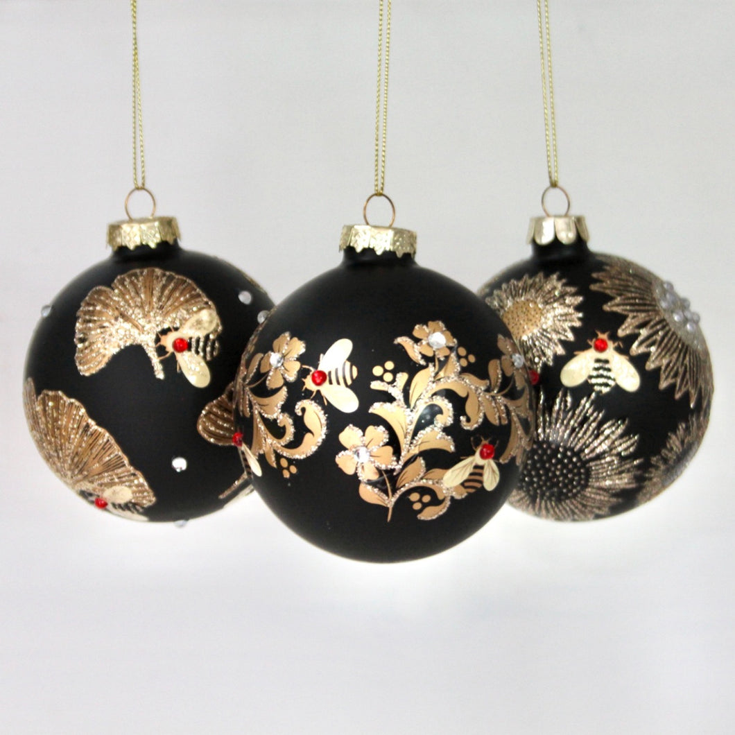 Set of Matt Glass Bauble with Gold Leaves and Bees