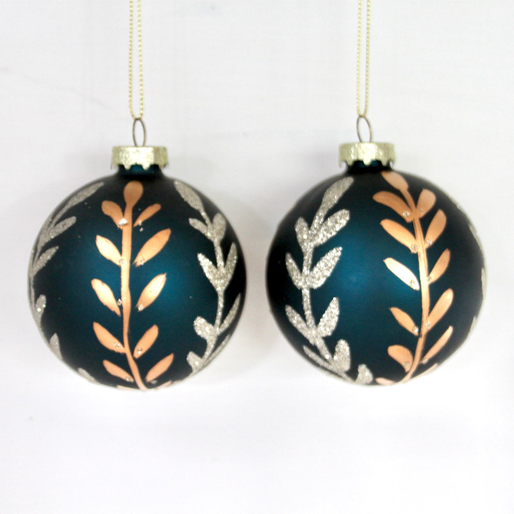 Matt Teal Ball with Glitter Leaves